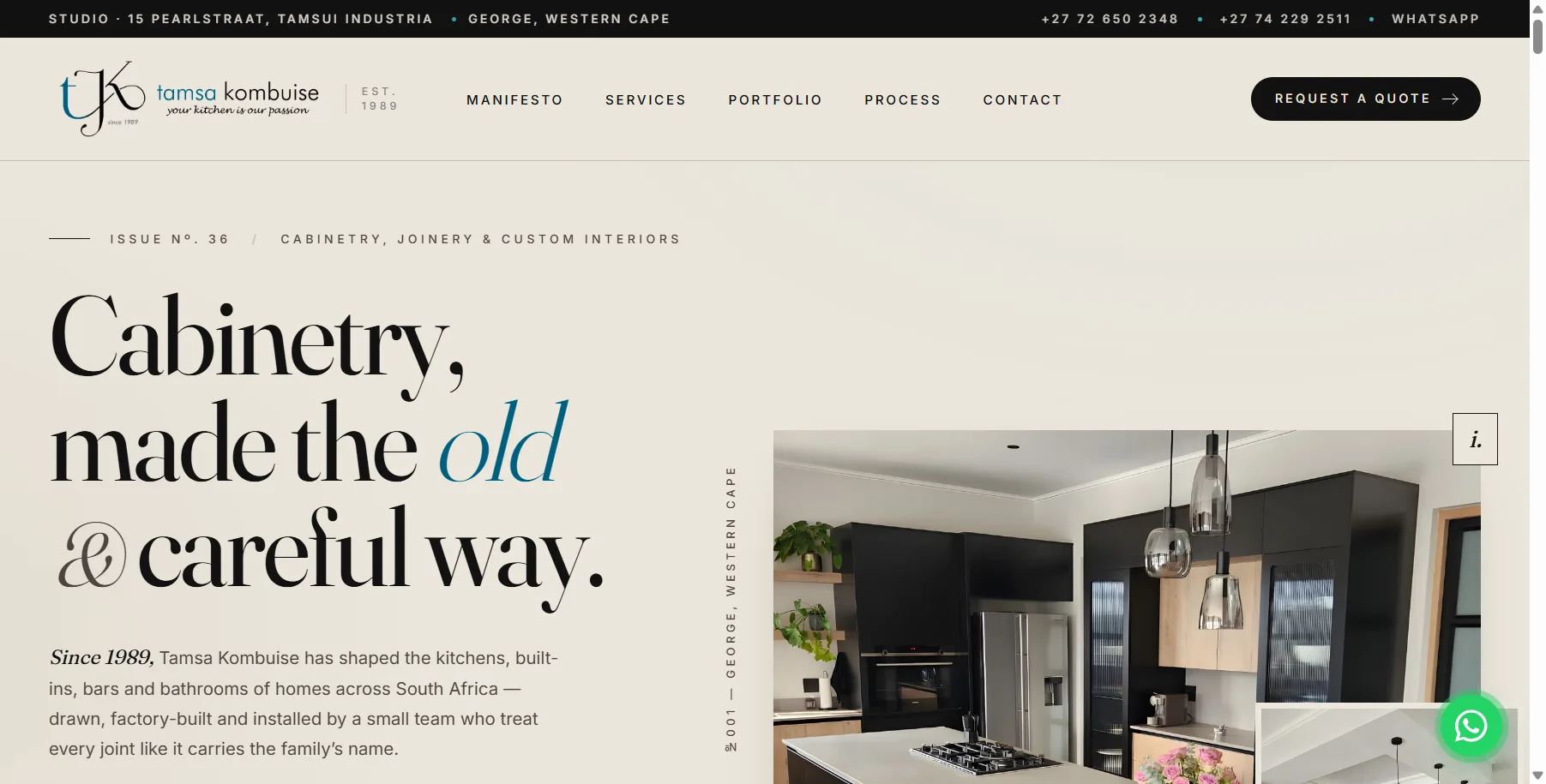 Tamsa Kombuise website: an editorial, photo-led site for a custom cabinetry studio, built by Corven Digital